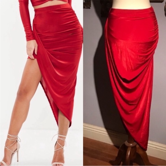Missguided Slinky Disco Asymmetrical Red Smoldering Smoking Hot Midi Skirt 6 - Picture 6 of 16
